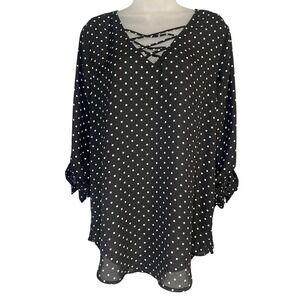 Maurices Sheer Large 3/4 Sleeve Black White Polka Dot Blouse‎ Shirt Womens